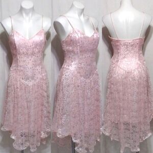 New Leaf Vtg Pink Lurex Floral Lace Drop Waist Dress Sz 11/12 Designer Fairycore